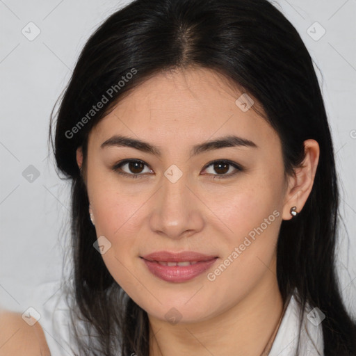 Joyful white young-adult female with medium  brown hair and brown eyes