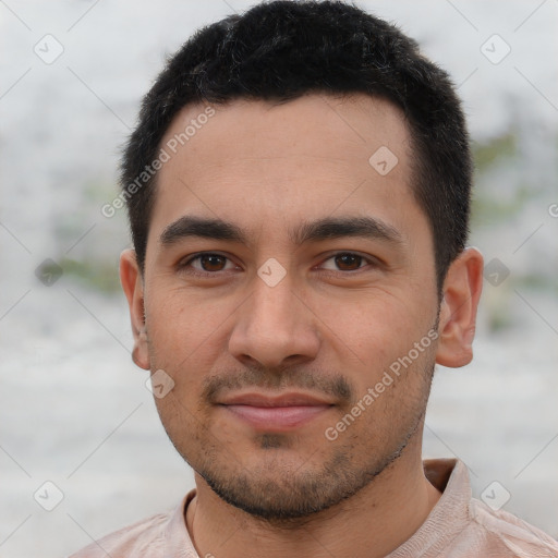 Joyful asian young-adult male with short  black hair and brown eyes