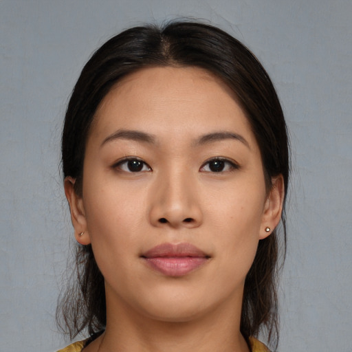 Neutral asian young-adult female with medium  brown hair and brown eyes
