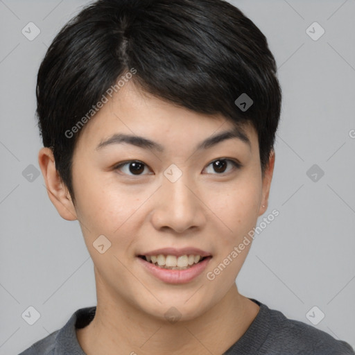 Joyful asian young-adult female with short  brown hair and brown eyes