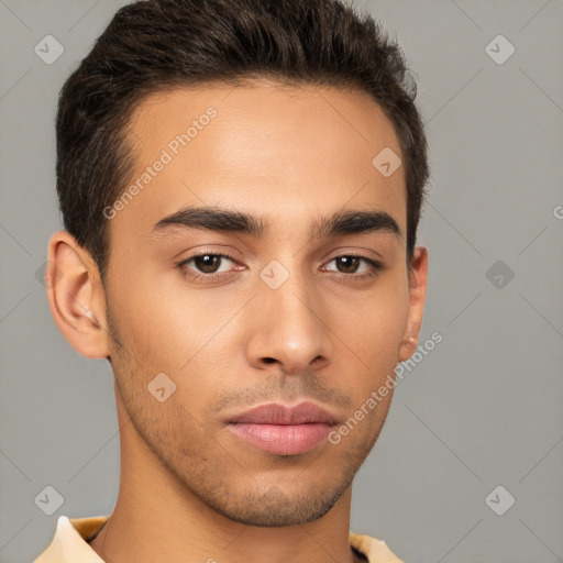 Neutral white young-adult male with short  brown hair and brown eyes