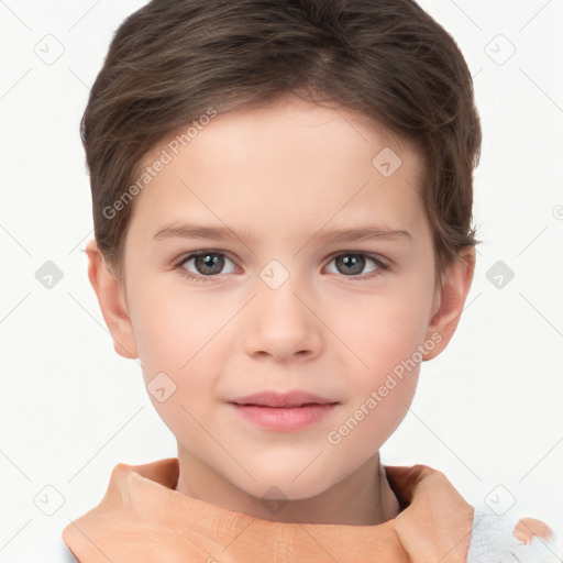 Joyful white child female with short  brown hair and brown eyes