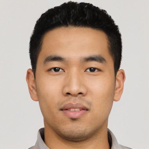 Neutral asian young-adult male with short  black hair and brown eyes