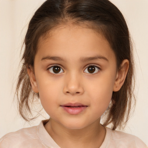 Joyful white child female with medium  brown hair and brown eyes