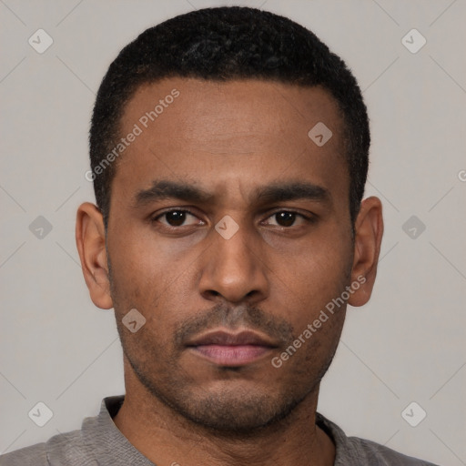 Neutral latino young-adult male with short  black hair and brown eyes