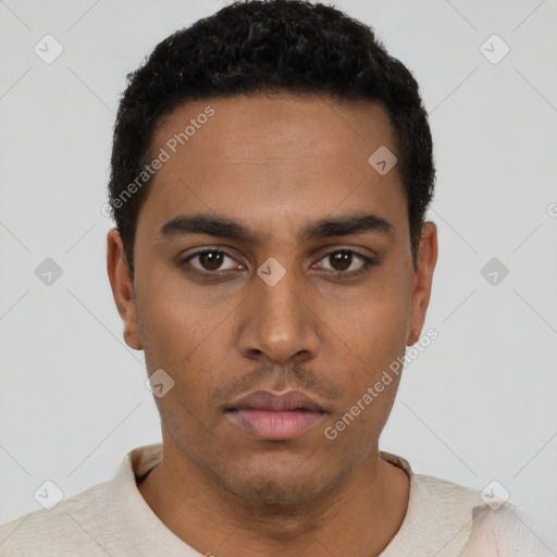 Neutral latino young-adult male with short  black hair and brown eyes