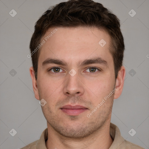 Neutral white young-adult male with short  brown hair and grey eyes