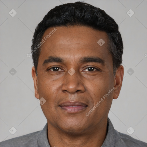 Neutral latino adult male with short  black hair and brown eyes