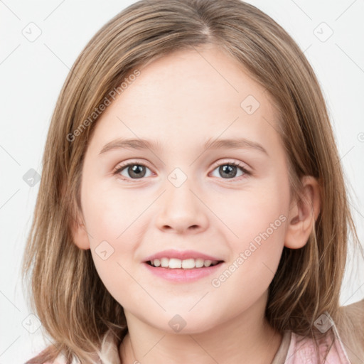 Joyful white child female with medium  brown hair and grey eyes