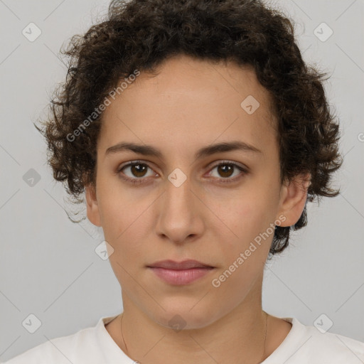 Neutral white young-adult female with short  brown hair and brown eyes