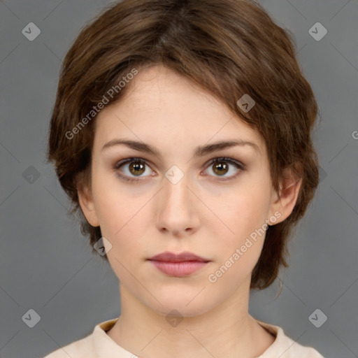 Neutral white young-adult female with medium  brown hair and brown eyes