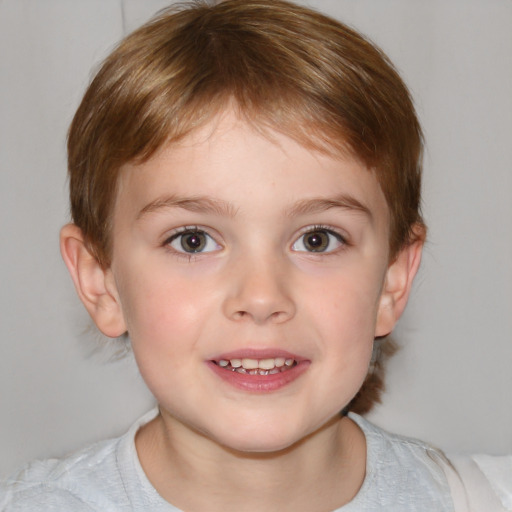 Joyful white child female with medium  brown hair and blue eyes