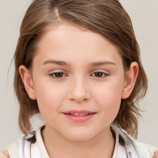 Joyful white child female with medium  brown hair and grey eyes