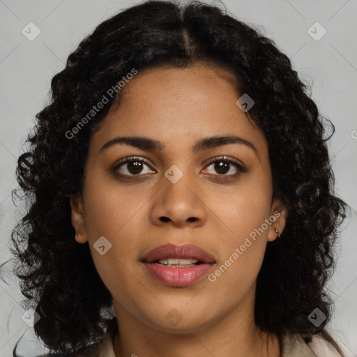 Joyful latino young-adult female with long  brown hair and brown eyes