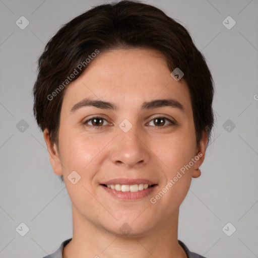 Joyful white young-adult female with short  brown hair and brown eyes