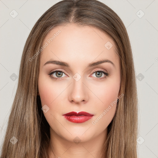 Neutral white young-adult female with long  brown hair and brown eyes