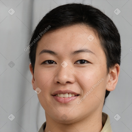 Joyful asian young-adult female with short  brown hair and brown eyes