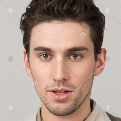 Neutral white young-adult male with short  brown hair and brown eyes