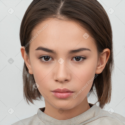 Neutral white young-adult female with medium  brown hair and brown eyes