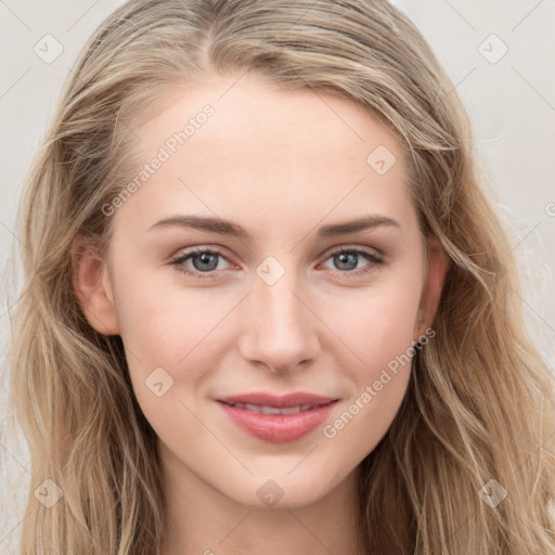 Joyful white young-adult female with long  brown hair and blue eyes