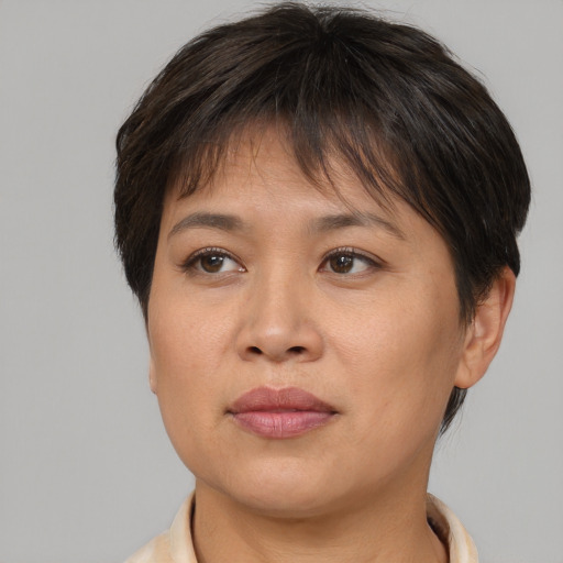 Joyful asian adult female with medium  brown hair and brown eyes