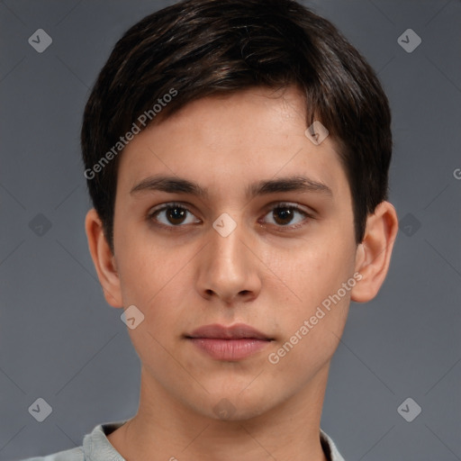 Neutral white young-adult male with short  brown hair and brown eyes