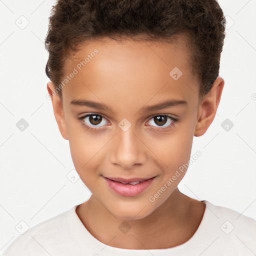 Joyful white child female with short  brown hair and brown eyes