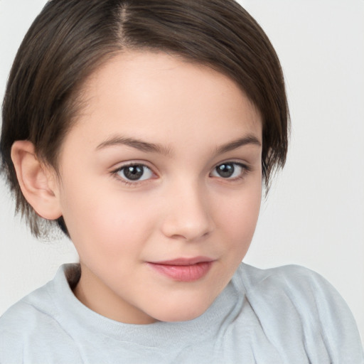 Joyful white child female with medium  brown hair and brown eyes