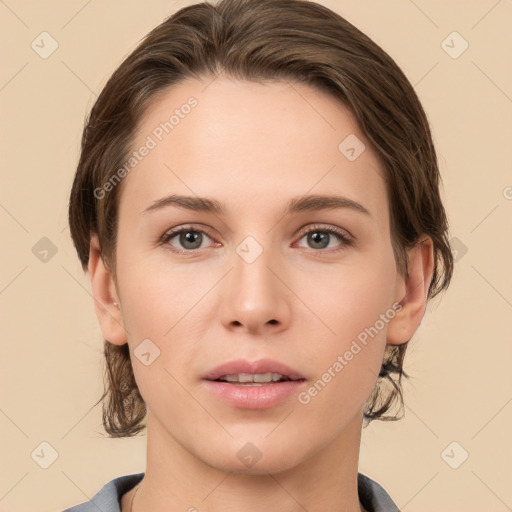 Neutral white young-adult female with medium  brown hair and brown eyes