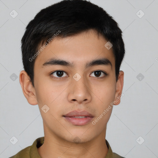 Neutral asian young-adult male with short  black hair and brown eyes