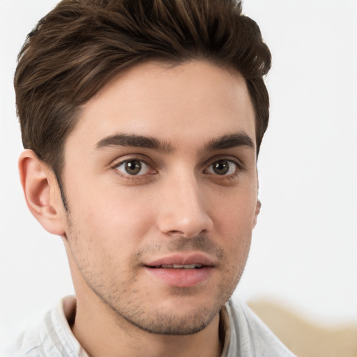 Neutral white young-adult male with short  brown hair and brown eyes