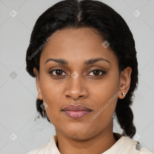 Joyful latino young-adult female with short  black hair and brown eyes