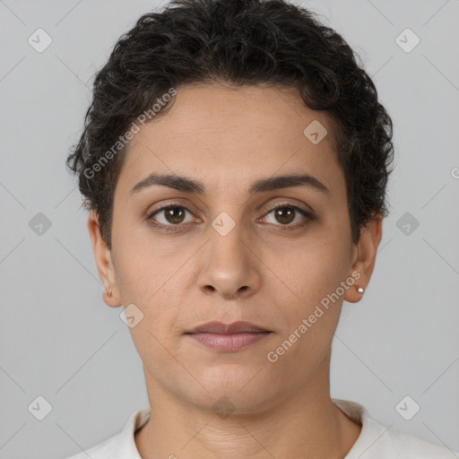 Neutral white young-adult female with short  brown hair and brown eyes