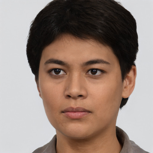 Neutral asian young-adult female with short  black hair and brown eyes
