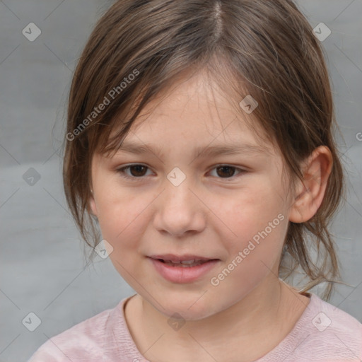 Joyful white child female with medium  brown hair and brown eyes