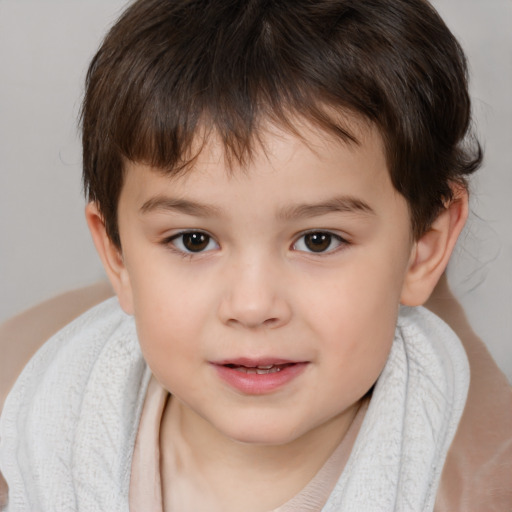 Joyful white child female with short  brown hair and brown eyes