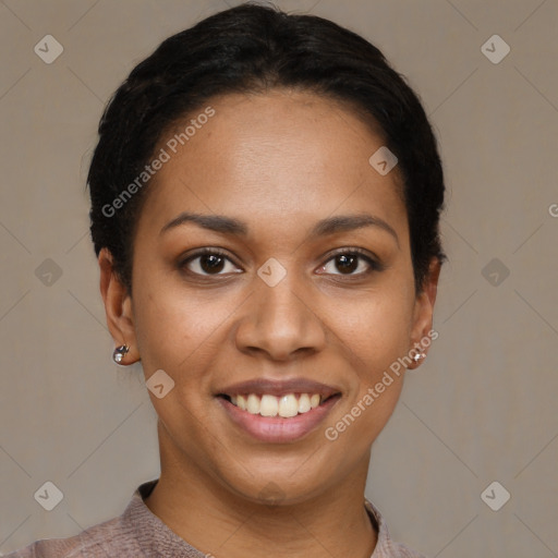 Joyful latino young-adult female with short  black hair and brown eyes