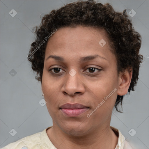 Joyful black adult female with short  brown hair and brown eyes