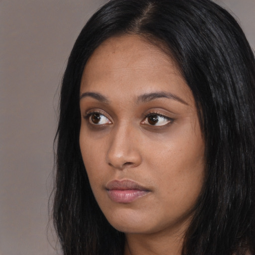 Neutral asian young-adult female with long  black hair and brown eyes