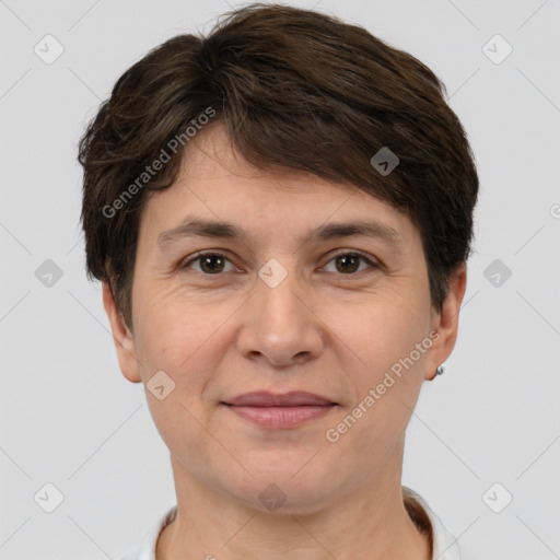 Joyful white young-adult female with short  brown hair and brown eyes