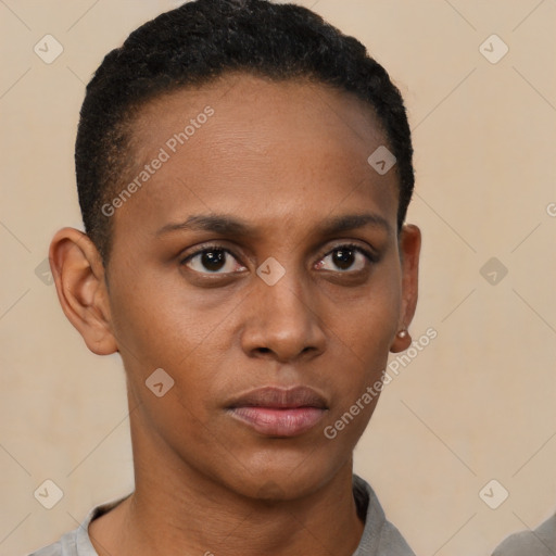 Neutral black young-adult female with short  black hair and brown eyes