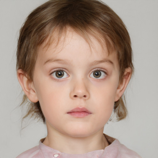 Neutral white child female with medium  brown hair and blue eyes