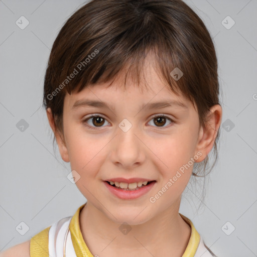 Joyful white child female with medium  brown hair and brown eyes