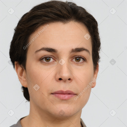 Neutral white young-adult female with short  brown hair and brown eyes