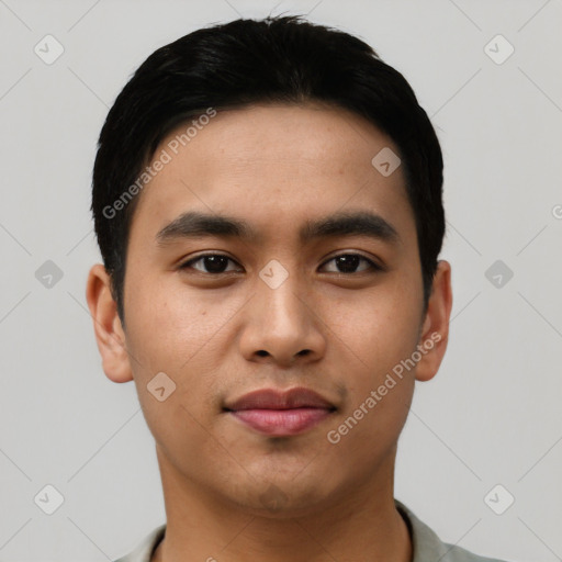 Neutral asian young-adult male with short  black hair and brown eyes