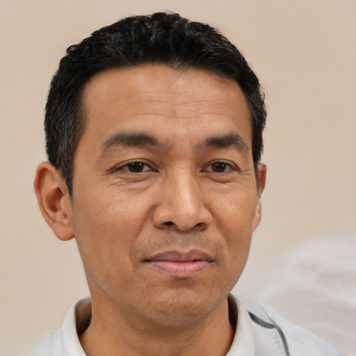 Joyful latino adult male with short  brown hair and brown eyes