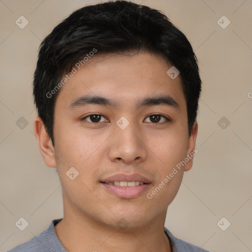 Neutral asian young-adult male with short  black hair and brown eyes