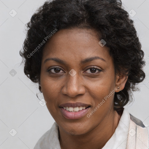 Joyful black young-adult female with long  brown hair and brown eyes