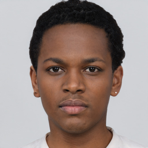 Neutral black young-adult female with short  black hair and brown eyes
