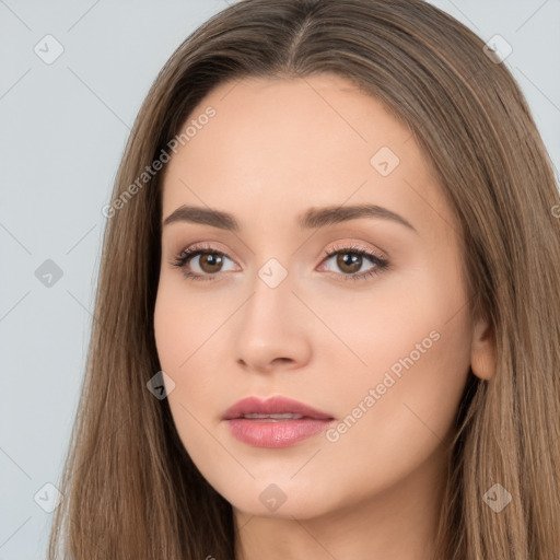 Neutral white young-adult female with long  brown hair and brown eyes